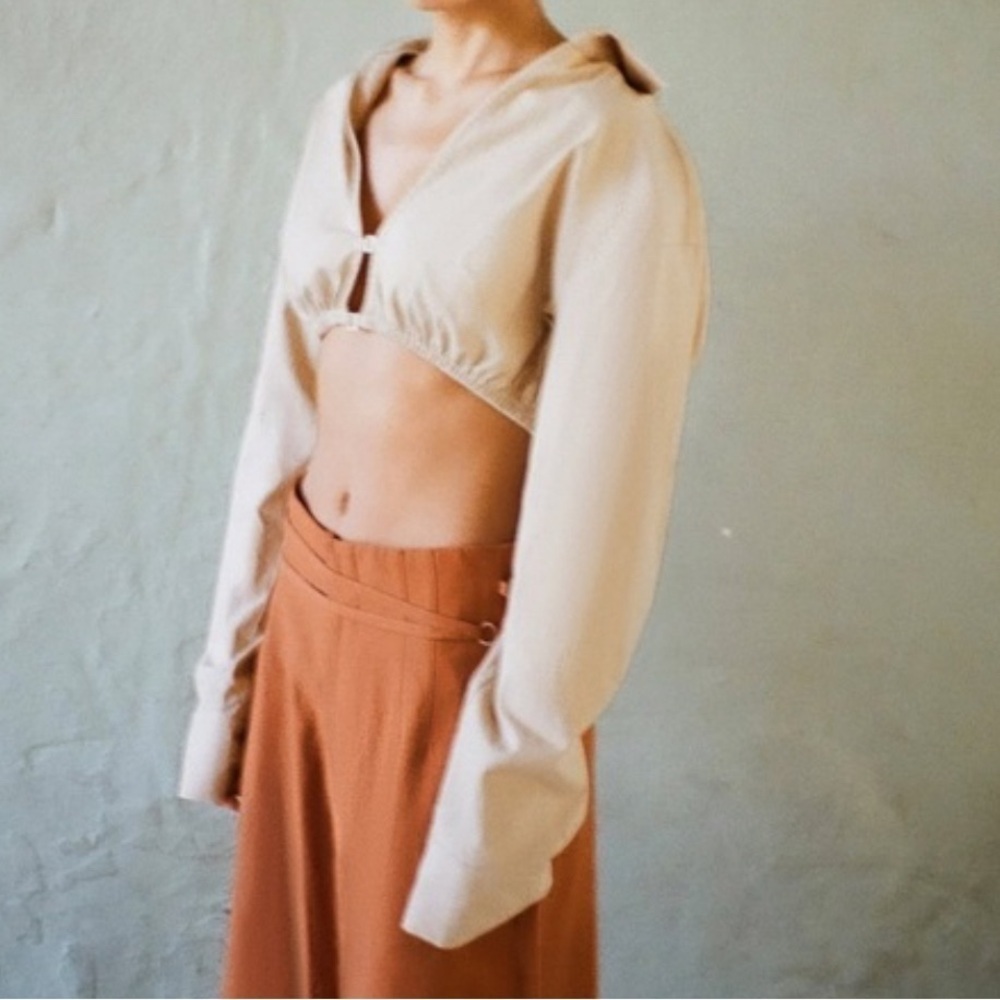 ZARA NWT WOMAN CROPPED SHIRT OPEN-BACK NATURAL SIZE XL Long Sleeves Collared
